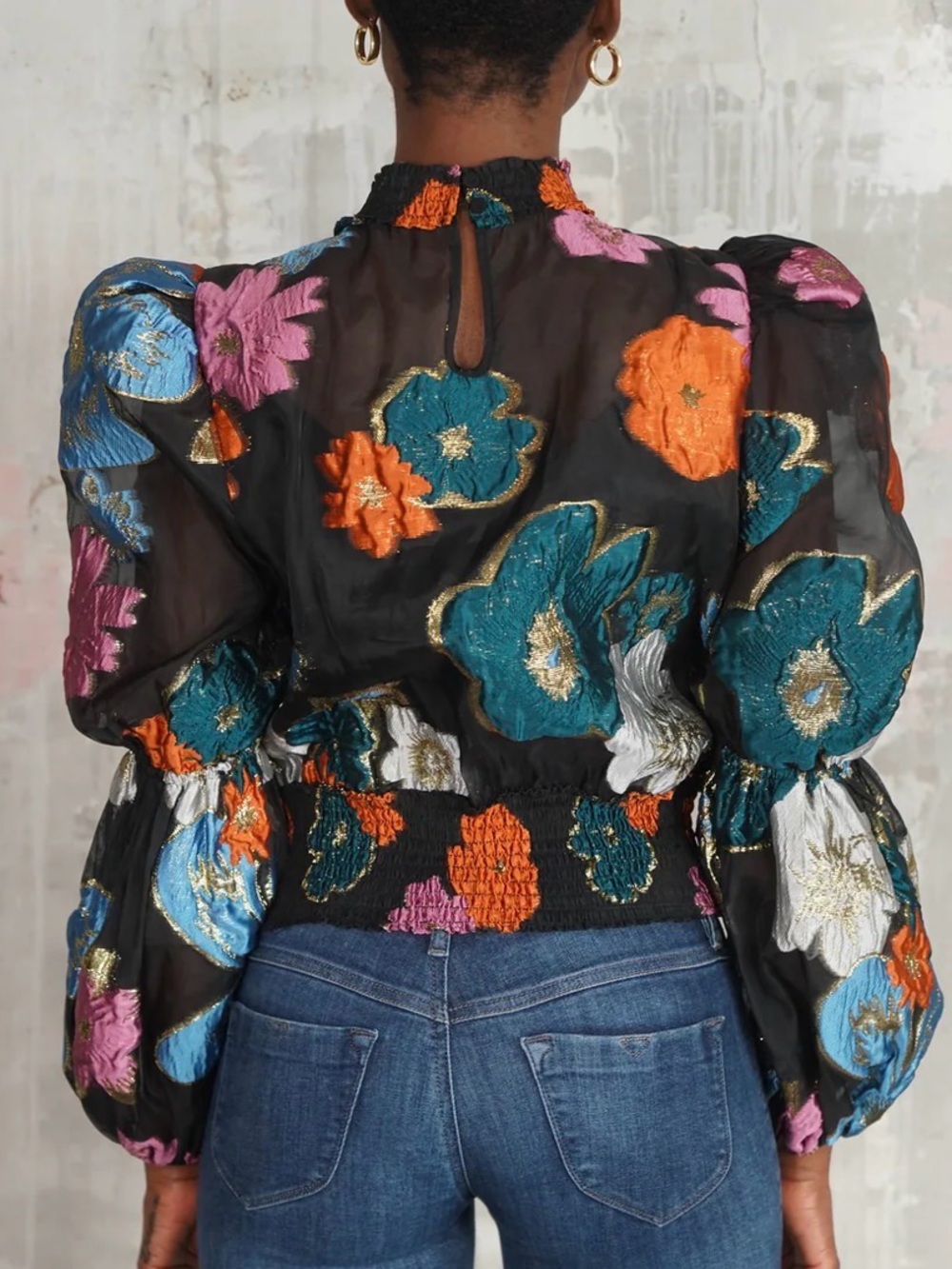 NWT XS $268 THE HOUSE OF PERNA ANNE top blouse MOD FLORAL smocked puff sleeves - Picture 4 of 9